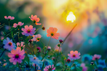 Pastel flowers in bloom against a backdrop of a setting sun