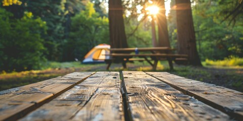 Serene Campsite with Tent and Wooden Table in Lush Park