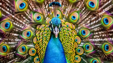Peacock A mesmerizing close-up of a peacocks colorful feathers, creating a stunning visual display