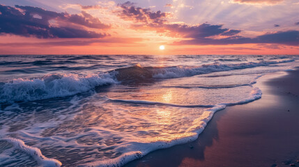 Relaxing sunset scene with gentle waves lapping at the shore