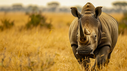 Rhinoceros captured in a close-up shot lollygagging in a field
