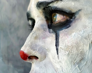 The enigmatic charm of a pierrots face, painted white with a hint of sadness in close-up