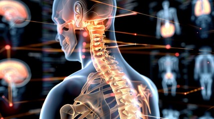 A composite image highlighting pain in the neck vertebrae, surrounded by glowing medical diagnostics and digital anatomy charts