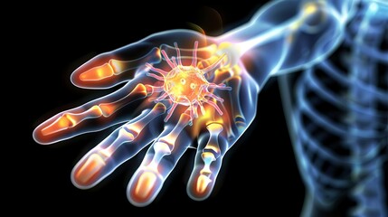 A composite of glowing pain radiating from the wrist, set against a digital backdrop of medical imaging and anatomical information