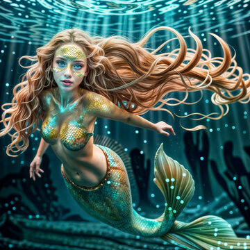Mermaid in the sea. Mermaid underwater. Golden scales, long hair, fish tail, blue eyes. Cartoon fairy tale mythical fish girl character, a princess, and a lost voice.