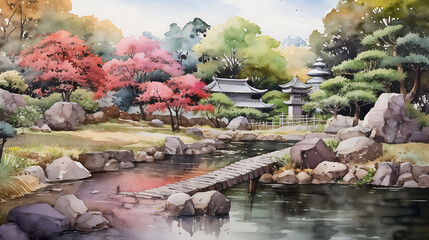 Paint a watercolor background capturing a moment of tranquility in a Japanese Zen garden with a karesansui (rock garden)