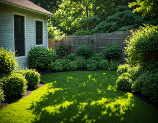 garden in a lovely suburban backyard with green grass lawn and shrubbery
