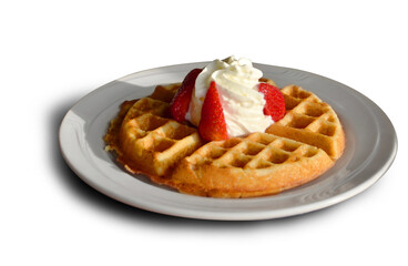 Waffle with Whipped Cream and Strawberries on a Plate Isolated on Transparent Background