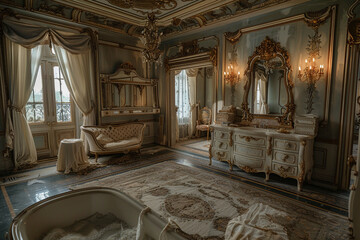 A grand, ornate mirror hangs above the luxurious dresser.