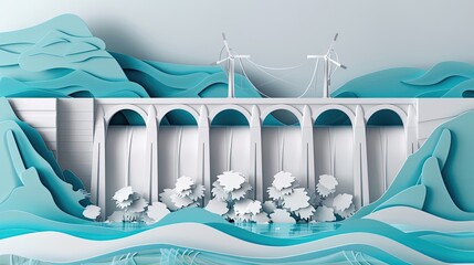 Papercut scene of a hydropower dam with flowing paper water, illustrating the power of water in generating energy.