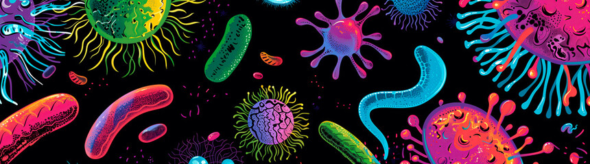 Illustration of various bacteria and viruses, vibrant on a black background.
