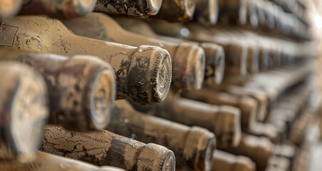 Aged wine bottles in a cellar, highlighting dusty details and shallow field of view.
