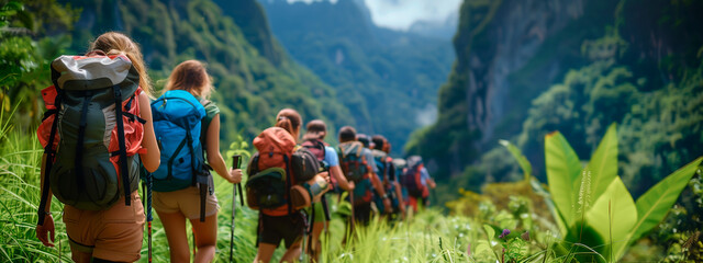 Group of hikers with backpacks trekking through a lush Southeast Asian valley, shallow field of view.