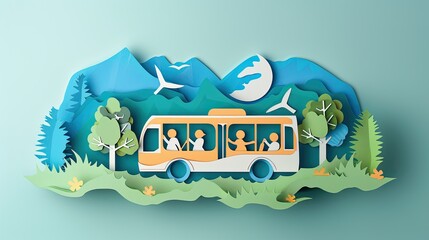 Papercut scene of a public transport bus running on clean energy, with happy passengers inside, symbolizing sustainable travel.