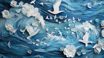 Papercut scene of a river cleaned from pollution, with fish and birds returning, made from layers of blue and white paper.