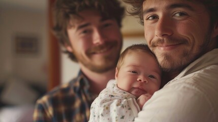 Obraz premium The father of a newborn baby is happy as he holds his newborn in his arms.