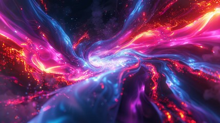 Chromatic fluid Fusion, Chromatic shapes and vibrant colors, Dynamic colored lighting, Smooth and glossy surfaces, Reflective surfaces and vibrant reflections, Variable depth of field