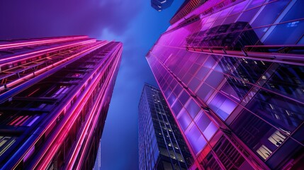 The image epitomizes modern city life with skyscrapers bathed in vibrant neon light against the night sky