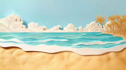 Papercut scene of a sunny beach where the sand is depicted as vanishing, symbolizing sea level rise due to global warming.