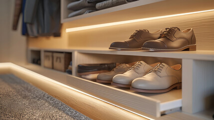 shoe organization, chic shoes neatly arranged in the wardrobe, enhancing the minimalist decor with a touch of sophistication and style