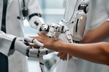 Close-up of a robot and a human hand. A robot doctor holds a girl's hand, checking her pulse. medicine of the future, robotics, health. AI generation.