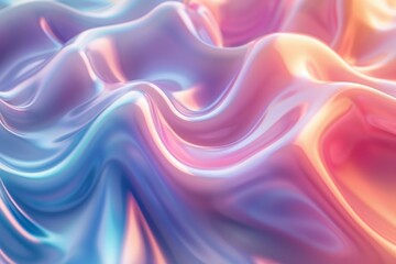 The image is a colorful, abstract painting. It has a wavy pattern and a shiny, pearlescent texture. The colors are pink, blue, and purple, and the painting has a soft, dreamy look.