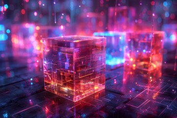 Holographic Matrix, Matrix of holographic data cubes and spheres, Iridescent holographic colors, Chrome holographic surfaces, Glowing holographic data streams