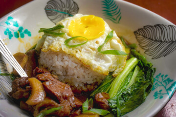 soy beef with rice, egg, green mustard, sprinkled with onion and leek