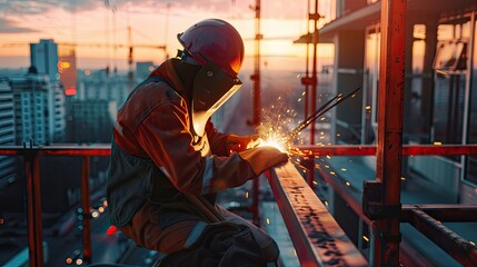 Fototapeta premium Close-up of a construction welder applying flux-cored arc welding on a high-rise building framework at dusk