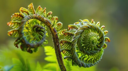 Ferns unfurling in gentle spirals, colored in vibrant greens with soft brown undertones