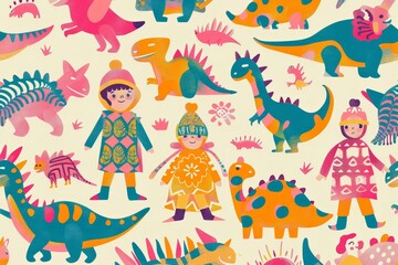 Obraz premium A drawing of children in dinosaur costumes with bright and colorful patterns