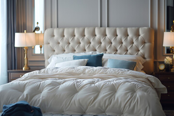 Plush, comfortable bedding adorns the luxurious bedroom bed.