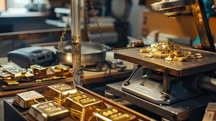 Close-up of a gold assay office weighing and valuing raw gold, scales and gold bars visible.