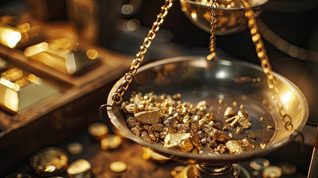 Close-up of a gold assay office weighing and valuing raw gold, scales and gold bars visible.