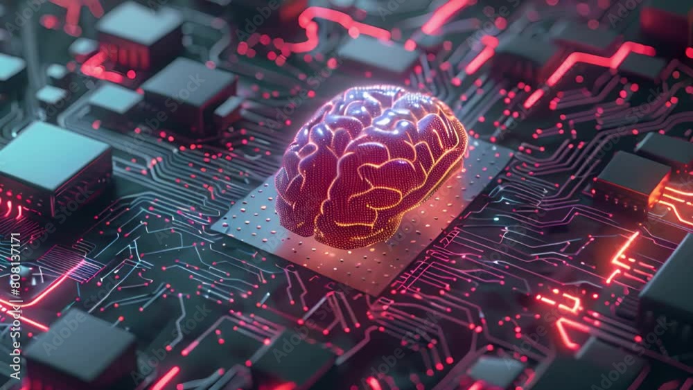 Poster a brain resting on top of a computer circuit board, demonstrating the connection between technology 