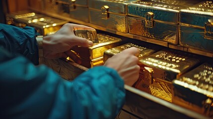 Close-up of a gold dealer placing gold bars in a secure storage unit, focusing on safety and investment.