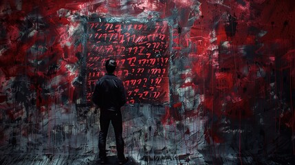 a man with messy wall with graffiti scripture, mysterious and horror feeling atmosphere background, dark fantasy illustration , Generative Ai