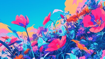 A surrealistic interpretation of a flower garden, with oversized blooms and surreal colors. amazing background, anime background