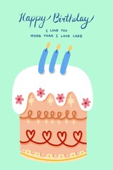 cute orange birthday cake with white cream ,flower and heart pattern on it and blue candle for card decoration, hand painting illustration.