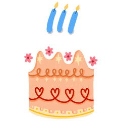 cute orange birthday cake with white cream ,flower and heart pattern on it and blue candle for card decoration, hand painting illustration.