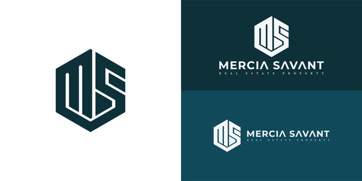 Abstract initial hexagon letter MS or SM logo in green color isolated on multiple background colors. The logo is suitable for property and real estate company icon logo design inspiration templates.