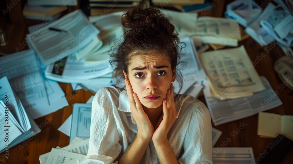 Wall mural stressed woman handling finances and paperwork