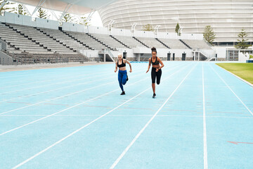 Woman, athletes and running at stadium for fitness, exercise and training, speed and endurance for...