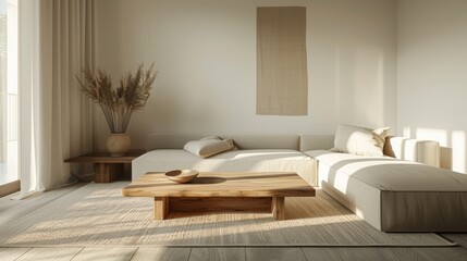 modern home decor, sleek minimalist interior with a wood coffee table, clean lines, and neutral hues for a modern, uncluttered aesthetic