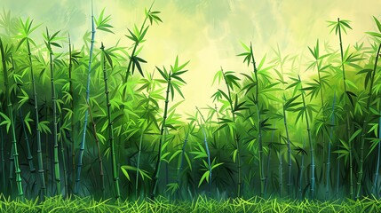 Textured bamboo grove with layered shades, flat design, side view, Japanese garden theme