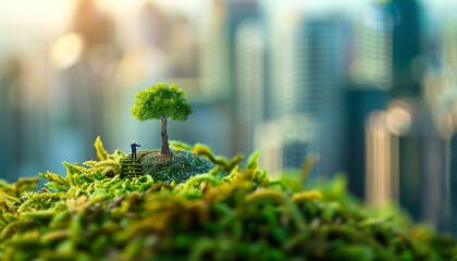 A small tree is growing on a hill in the middle of a city by AI generated image
