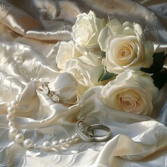 Creating a Romantic Wedding Scene with White Roses, Wedding Rings, Pearls, and Fabric. Concept Romantic Wedding Scene, White Roses, Wedding Rings, Pearls, Fabric