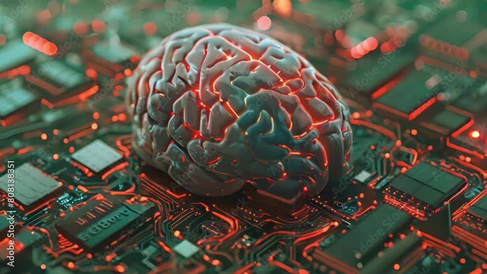 Poster a brain rests on a computer circuit board, symbolizing technology and artificial intelligence integr