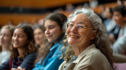 Fototapeta premium Happy senior woman is sitting at a lecture in class with young students. Continuous learning, Improvement concept. Generative ai.