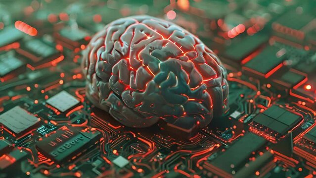 A brain rests on a computer circuit board, symbolizing technology and artificial intelligence integration.